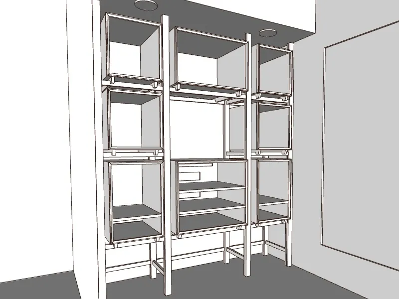 Design drawing of a floor-to-ceiling record shelving unit built into an alcove, with nine open cubbies above a bank of lower shelves.