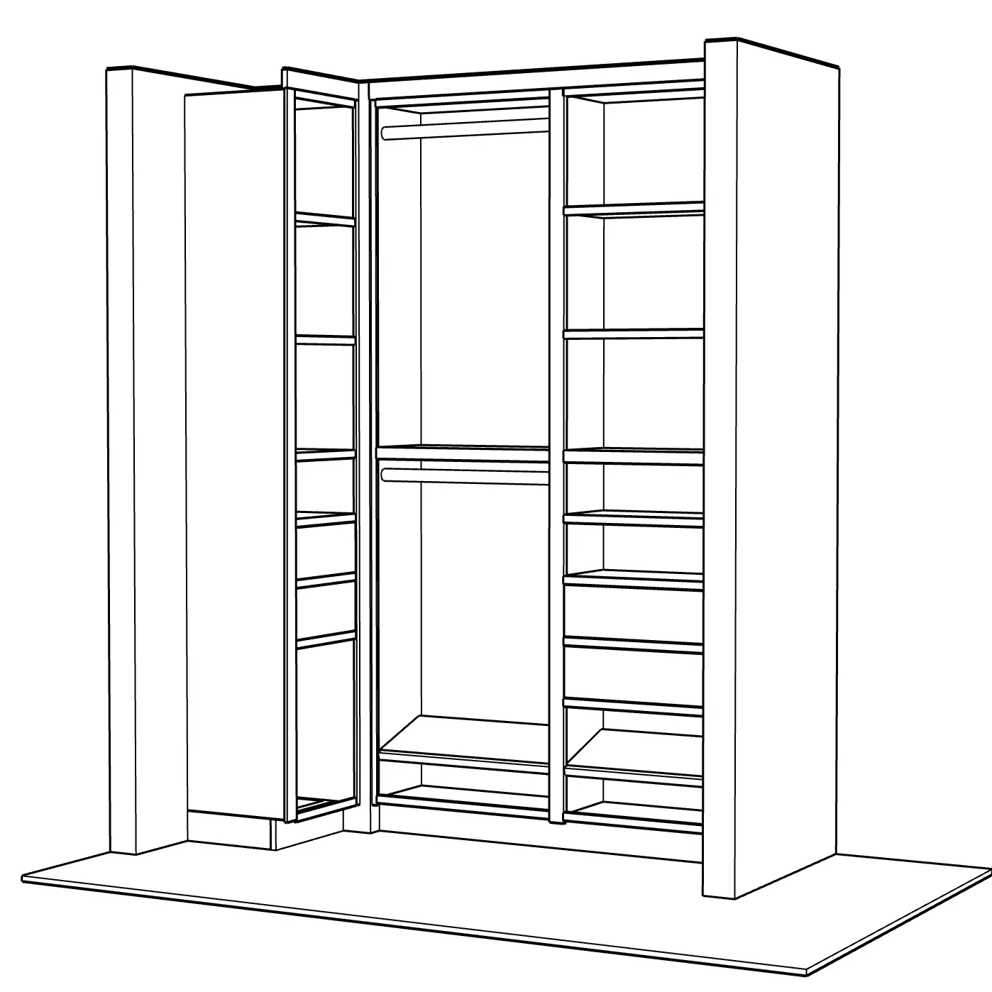 Line drawing of the closet layout, showing the shelf tower, double hanging sections, and a pull-out cabinet in the corner.