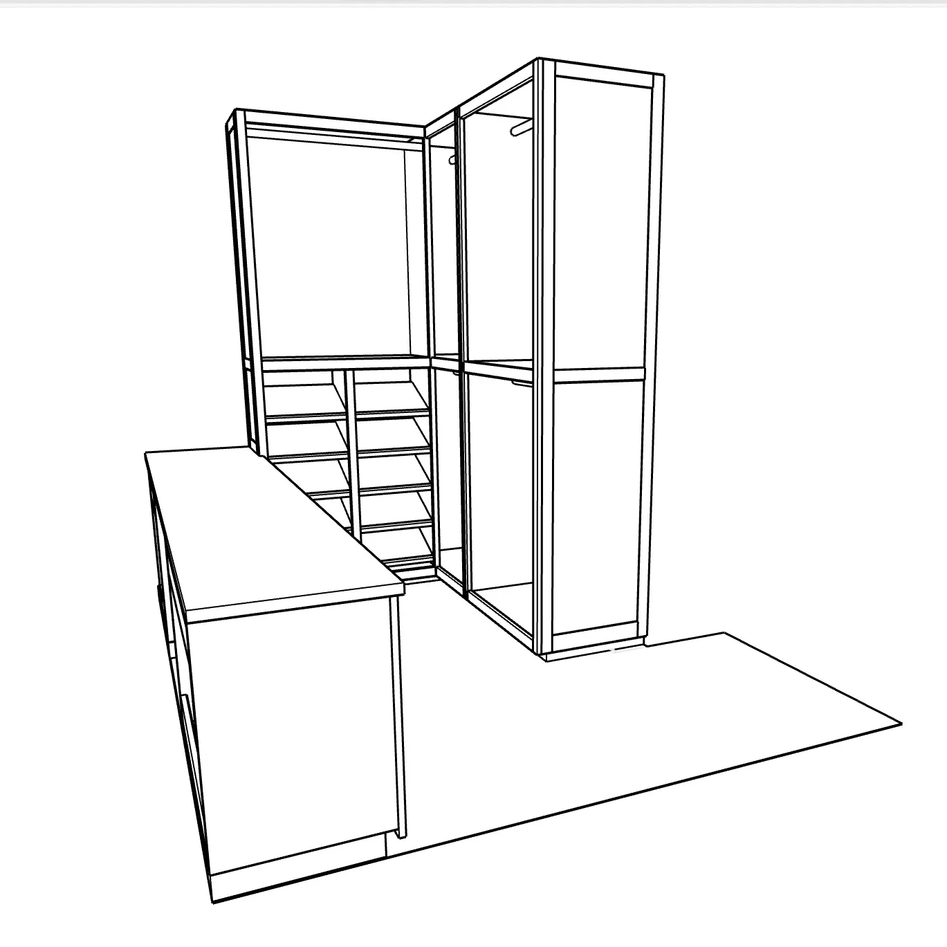 SketchUp model of the walk-in, hanging sections and open cubbies wrapping the corner beside the countertop cabinet.