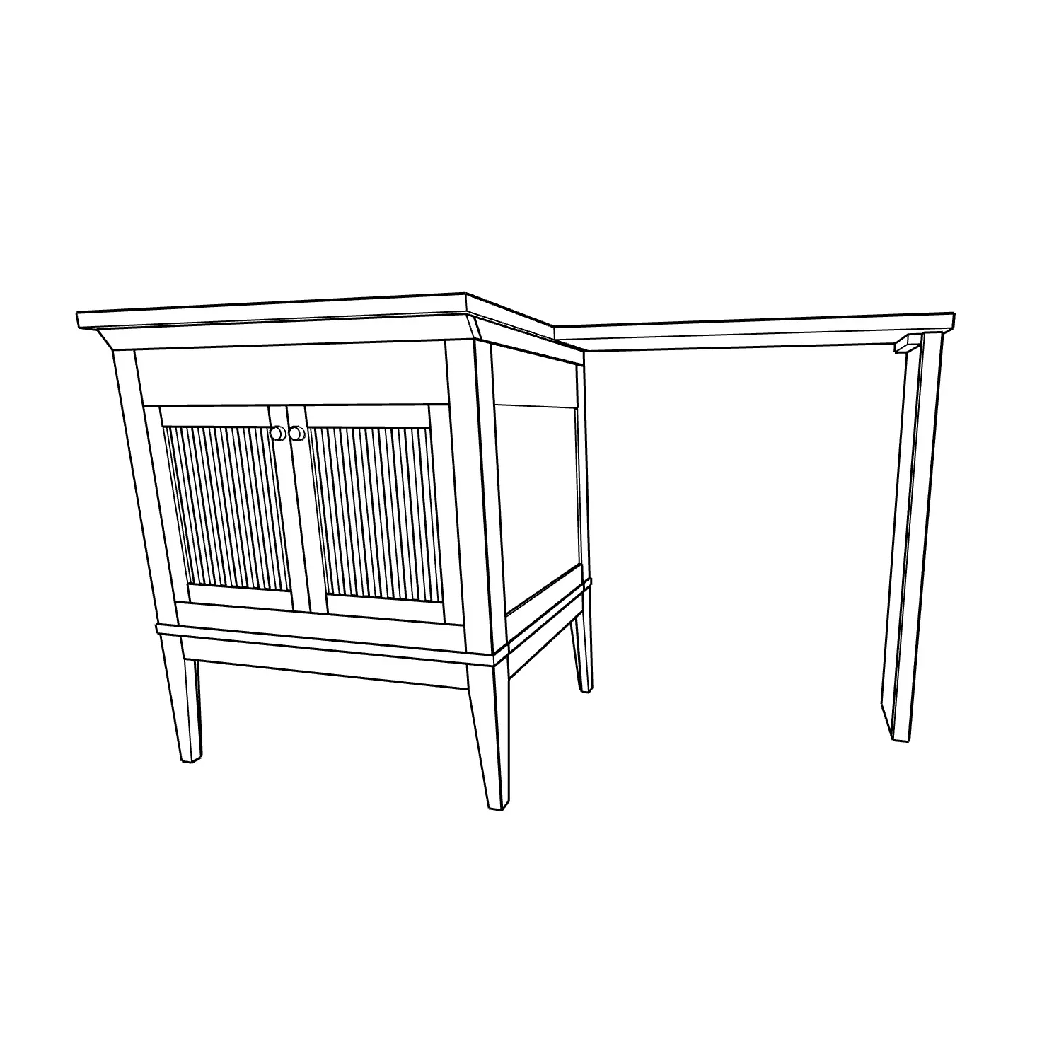 SketchUp model of the vanity showing the reeded doors and the maple top wrapping the corner over the toilet.