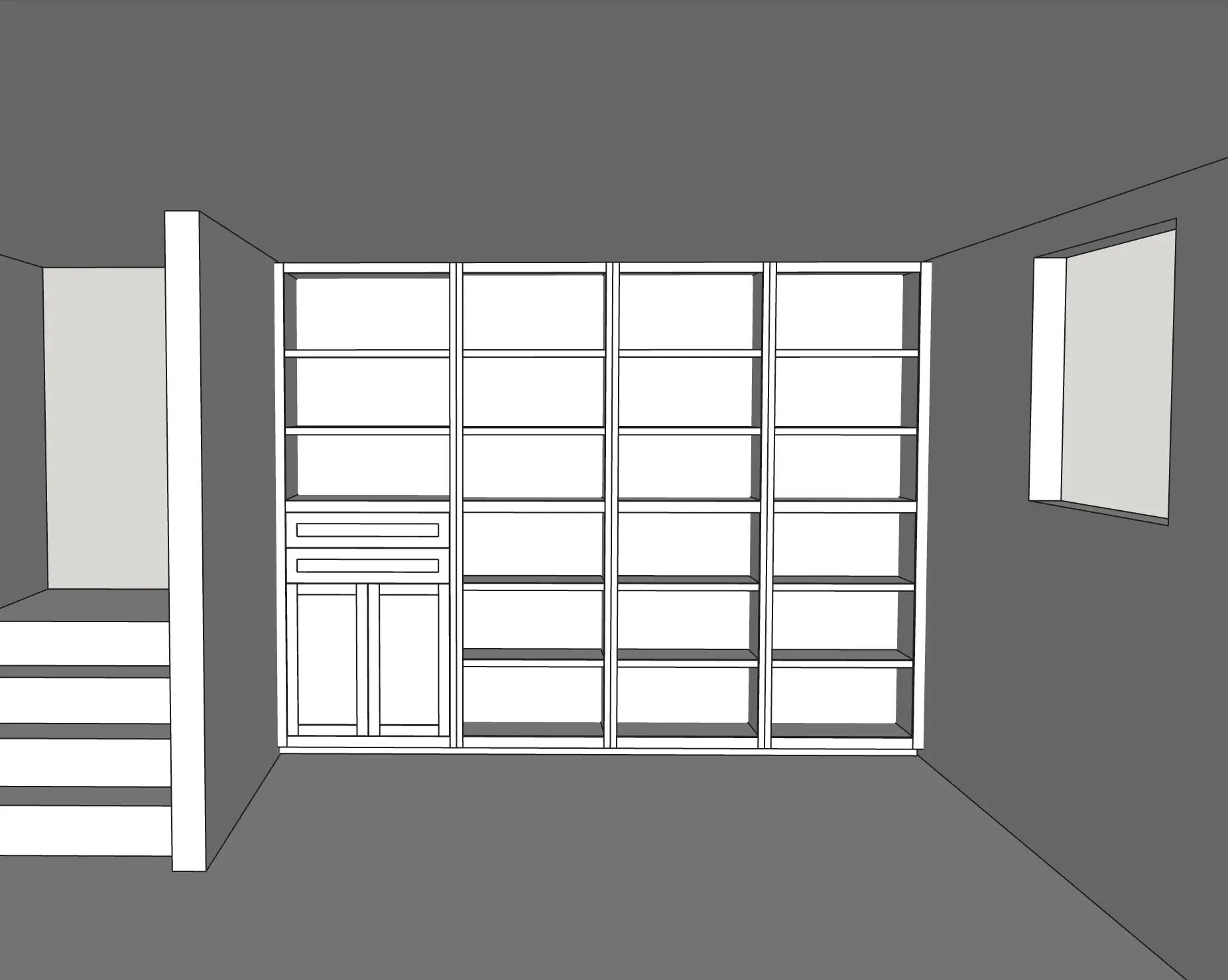SketchUp model of the built-in in the room, four bays of shelving over a lower cabinet, set beside a staircase.