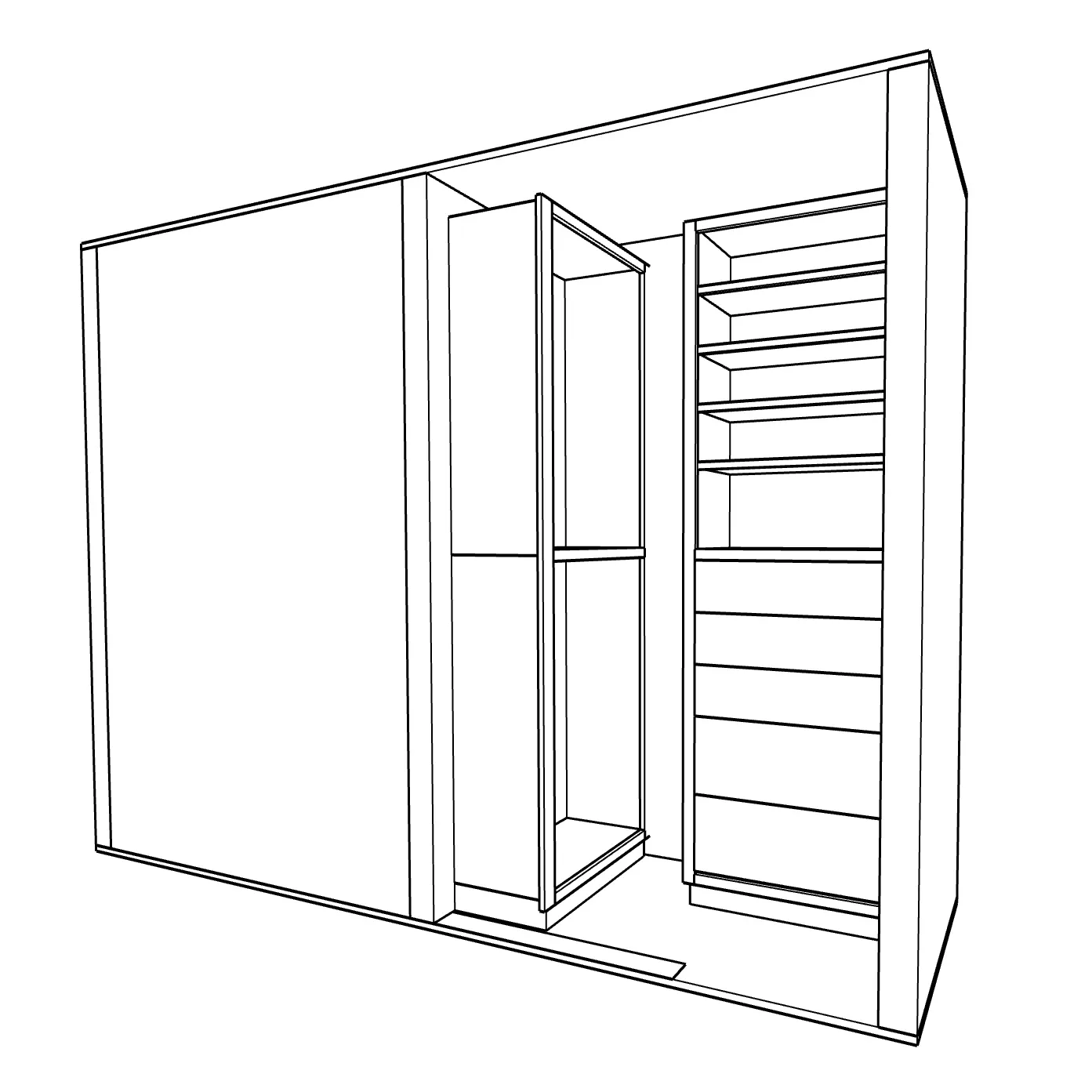 Line drawing of the closet layout, showing the hanging section beside a full-height bank of shelves and drawers.