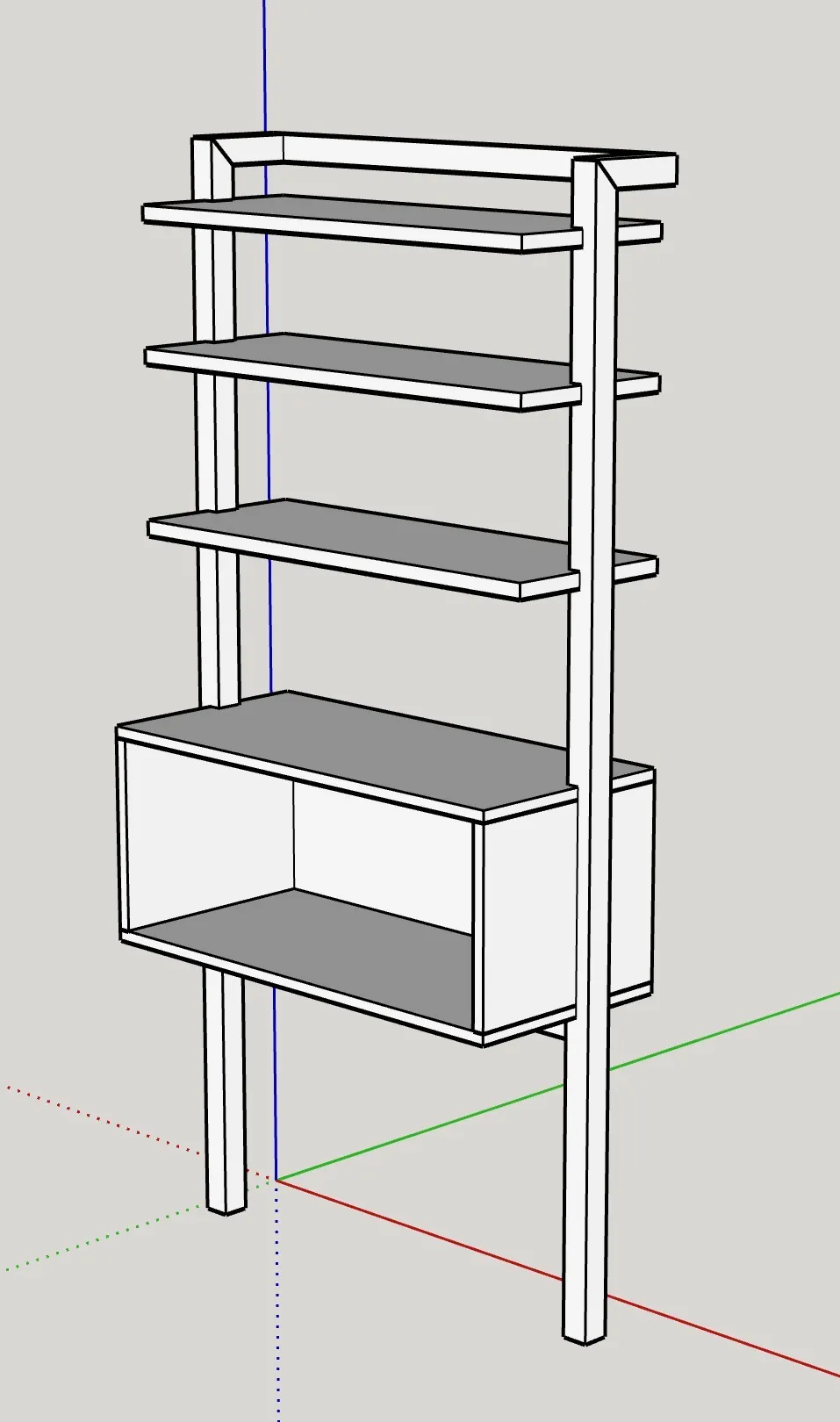 SketchUp model of the leaning ladder bookshelf, five graduated shelves over a small open cabinet.