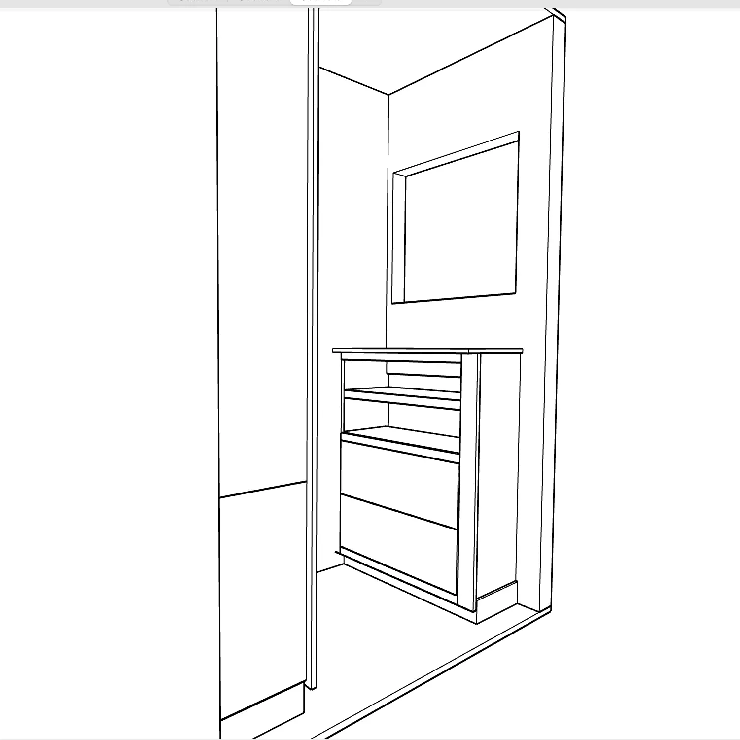 Line drawing of the window end of the closet, with a counter over open shelves and drawers and a mirror above.