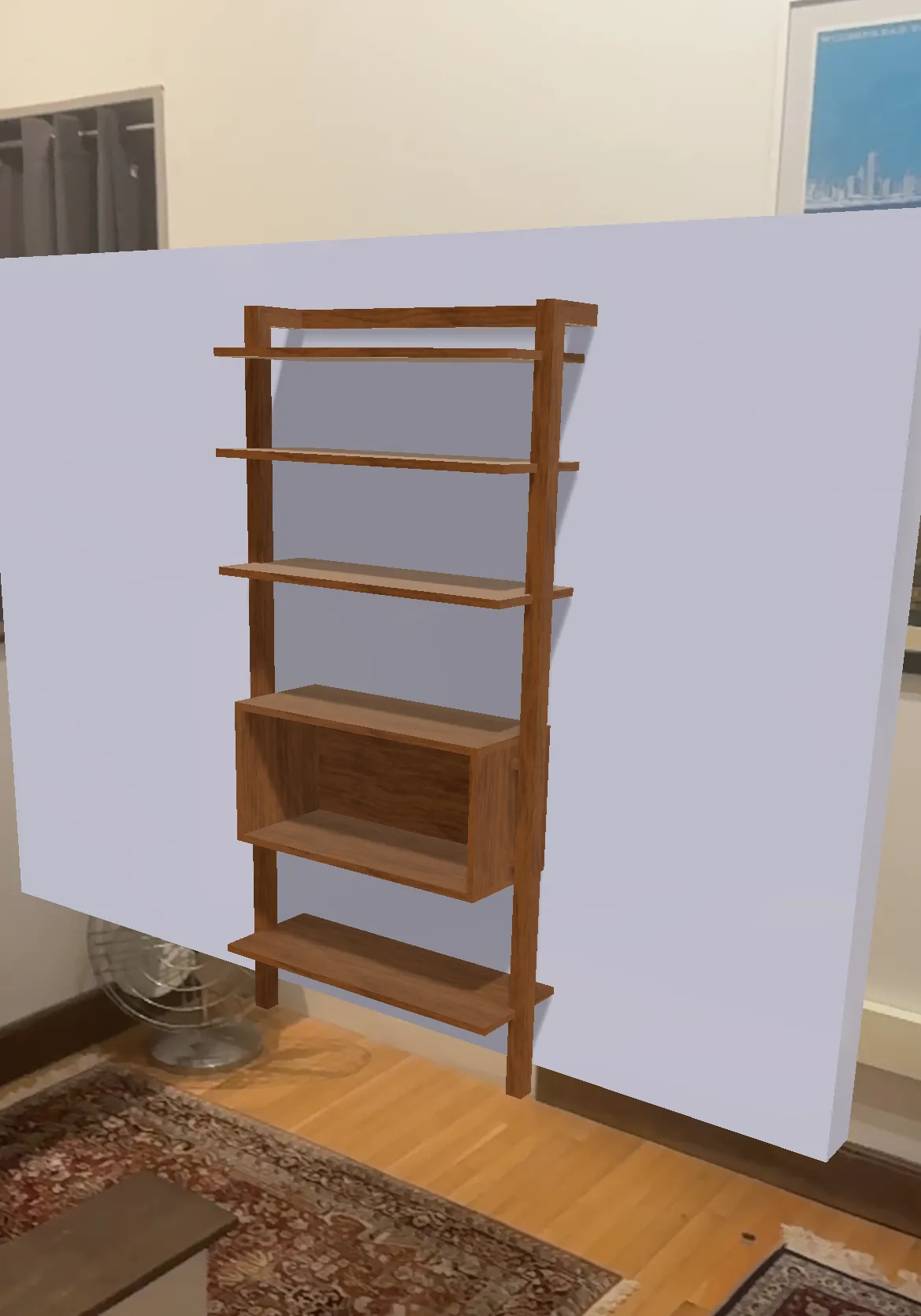 Rendered preview of the wood bookshelf placed against a wall in a room to check proportions.
